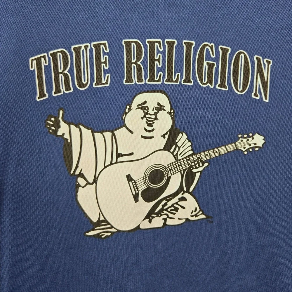 True Religion‎ Polo Shirt Mens Small Blue Big Buddha Guitar Logo Y2K Streetwear